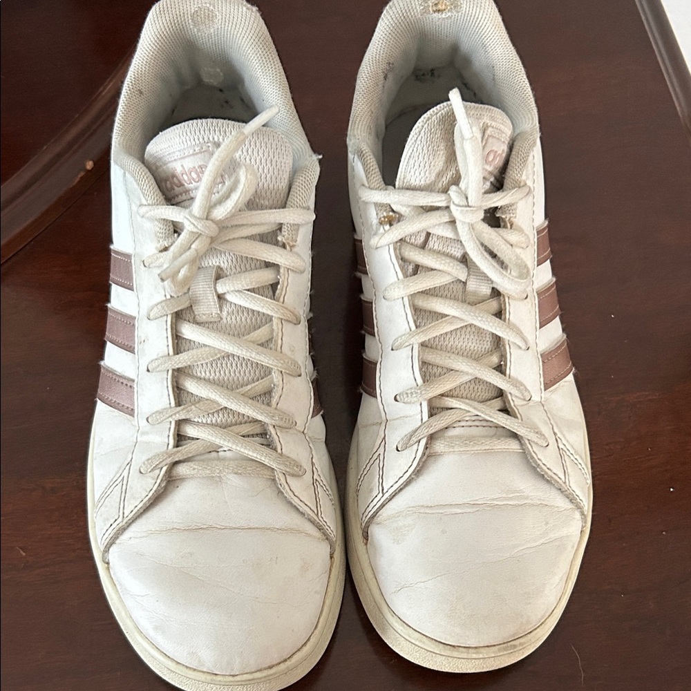 adidas White Sneakers with Pink Stripes